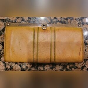 Vtg Fossil Signature Kayla Frame Clutch Wallet Accordian Style Flip Lock Brown